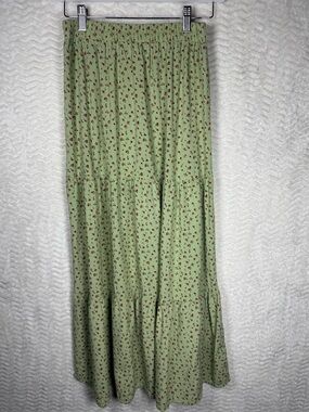 Contemporary Sage Green Floral Tiered Maxi Skirt with Elastic Waist.